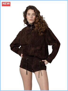 Women's Real Suede Bomber Jacket Aviator Style Long Sleeve Fall Outerwear